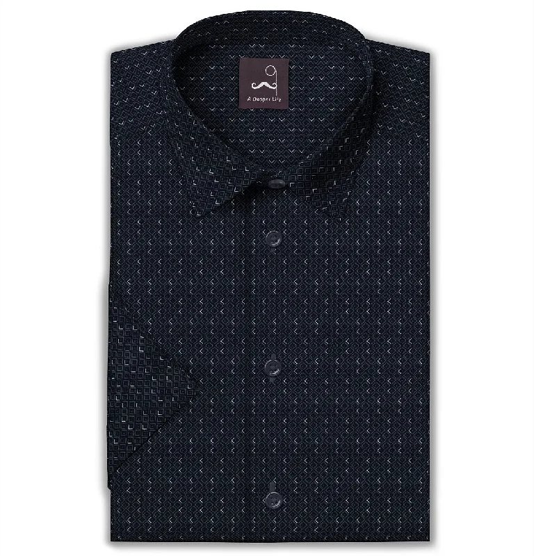 Relaxed Casuals Pure Cotton - Semi-Spread Collar - Short Sleeve - Navy Diamond Lattice