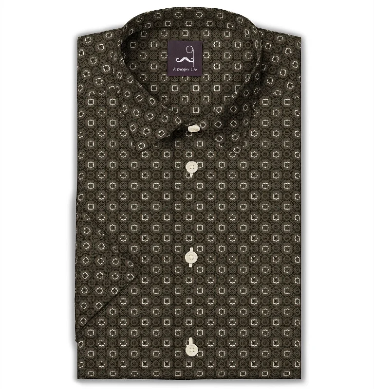 Classic Comfort Pure Cotton - Semi-Spread Collar - Short Sleeve - Olive Floral Maze